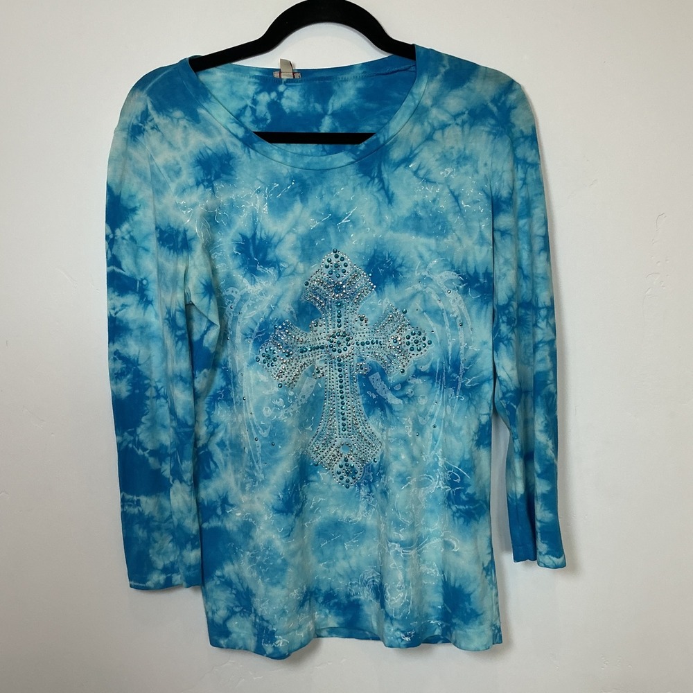 Vintage Reba Tie‎ Dye Long Sleeve Shirt Rhinestone Cross Blue White Size S
